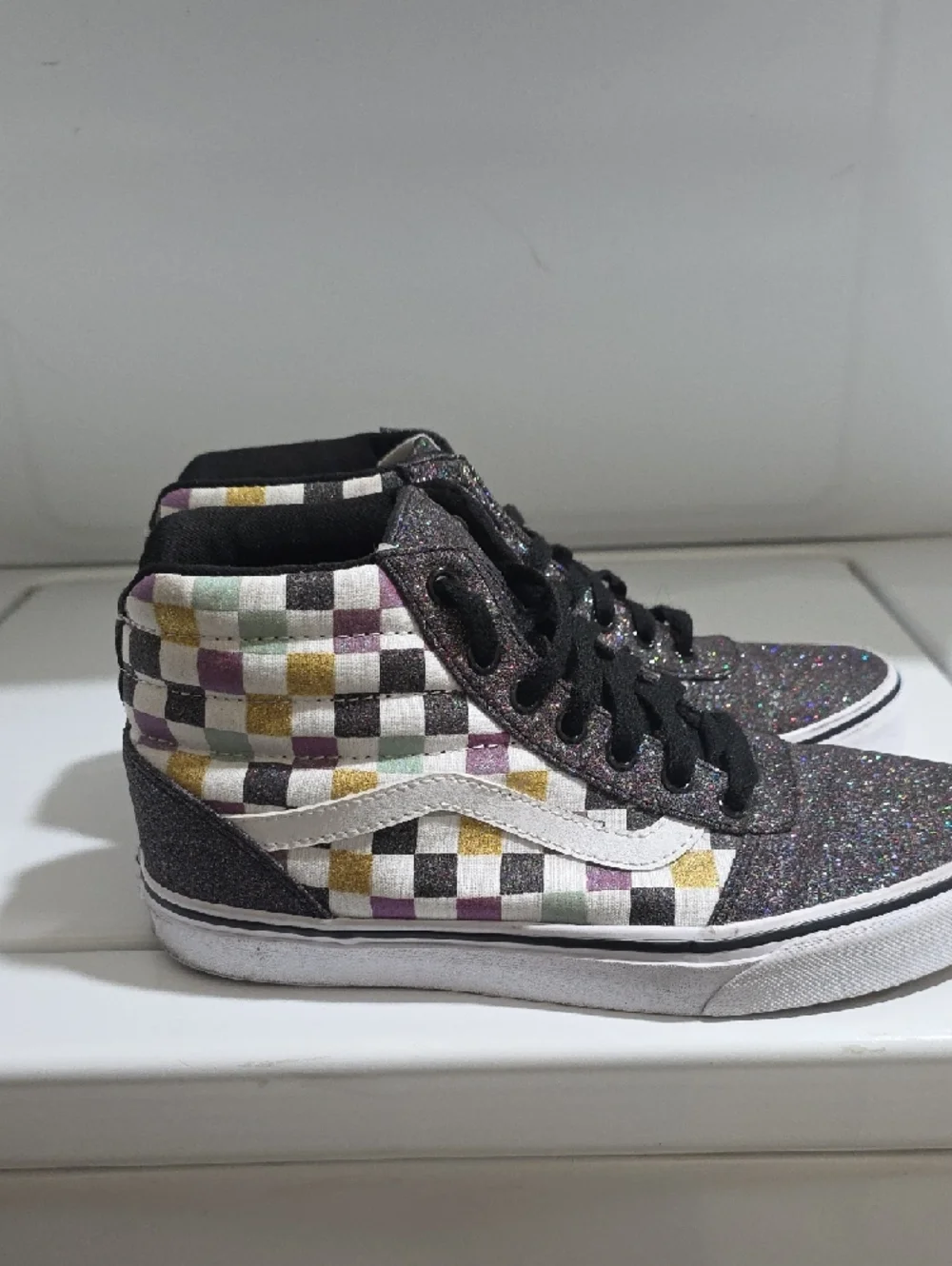 Vans Kids Glitter High-Top Sneakers - Black with Multicolor Checks - Picture 4 of 5